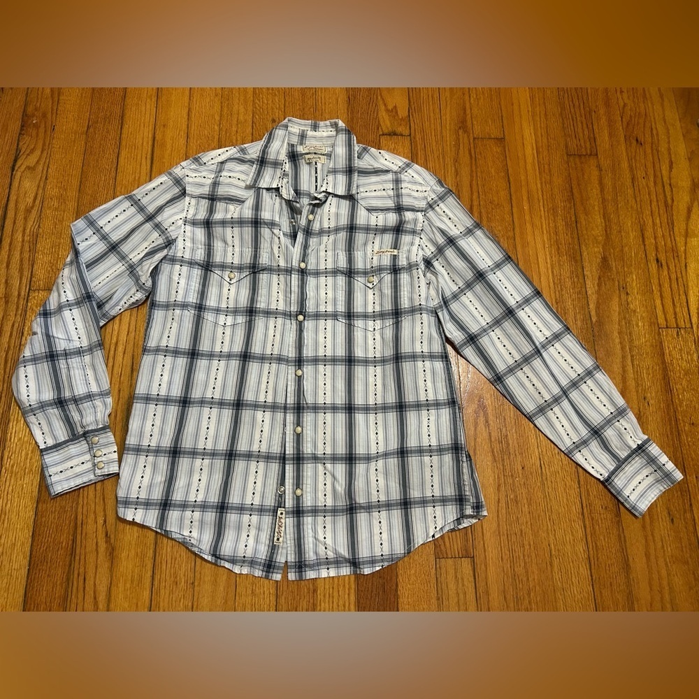 VTG Lucky Brand Western Shirt Men’s M‎ White Blue Plaid Long Sleeve Snap Button